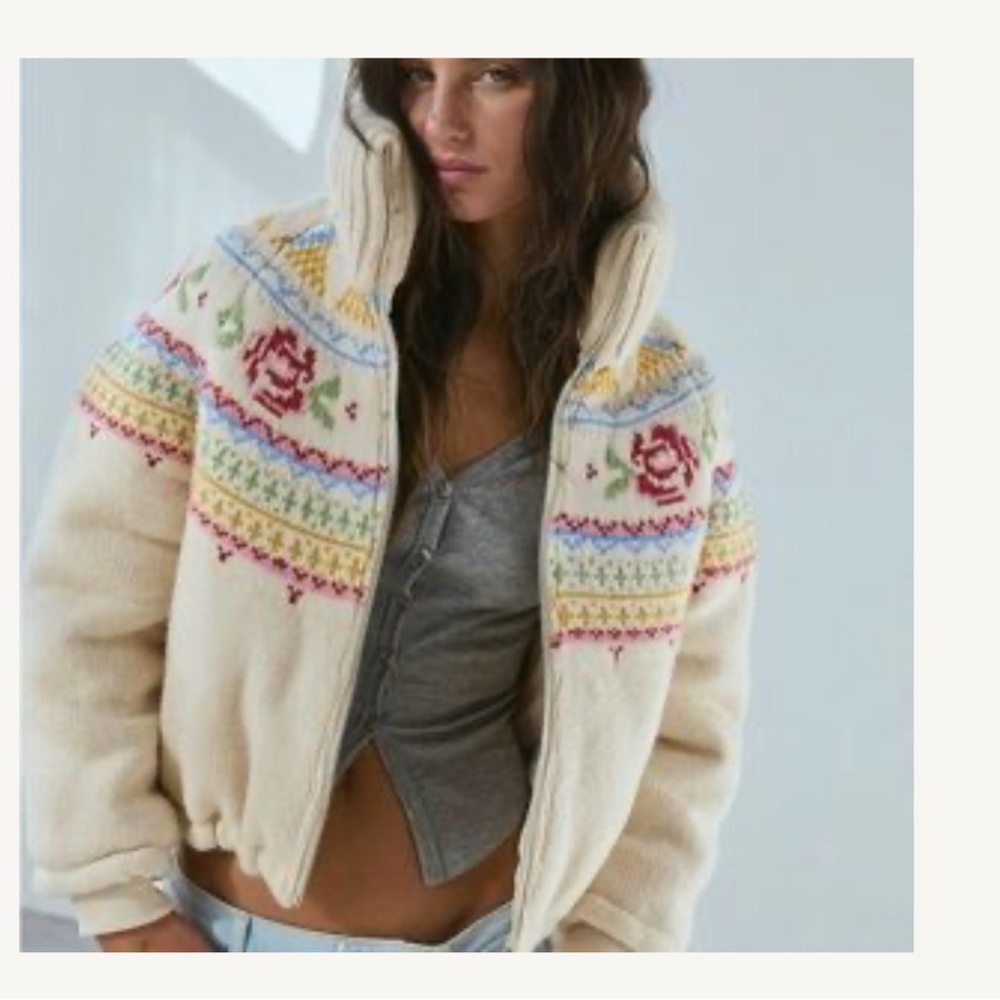 Anthropologie Cream Multicolor Teddy Jacket